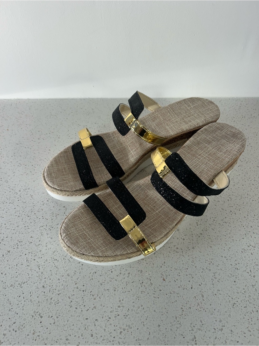 Beautiful Black & Gold Double-Strap Slide Mules wedge canvas ❤️9